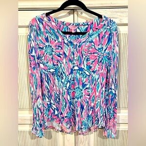 LILLY PULITZER Long Sleeve Pink Multicolor Floral Top, Size X-Smal